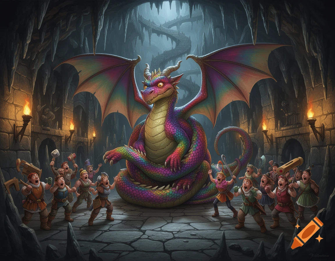 A colorful cartoon dragon sits in a dungeon cave, surrounded by a group of small, scared adventurers.