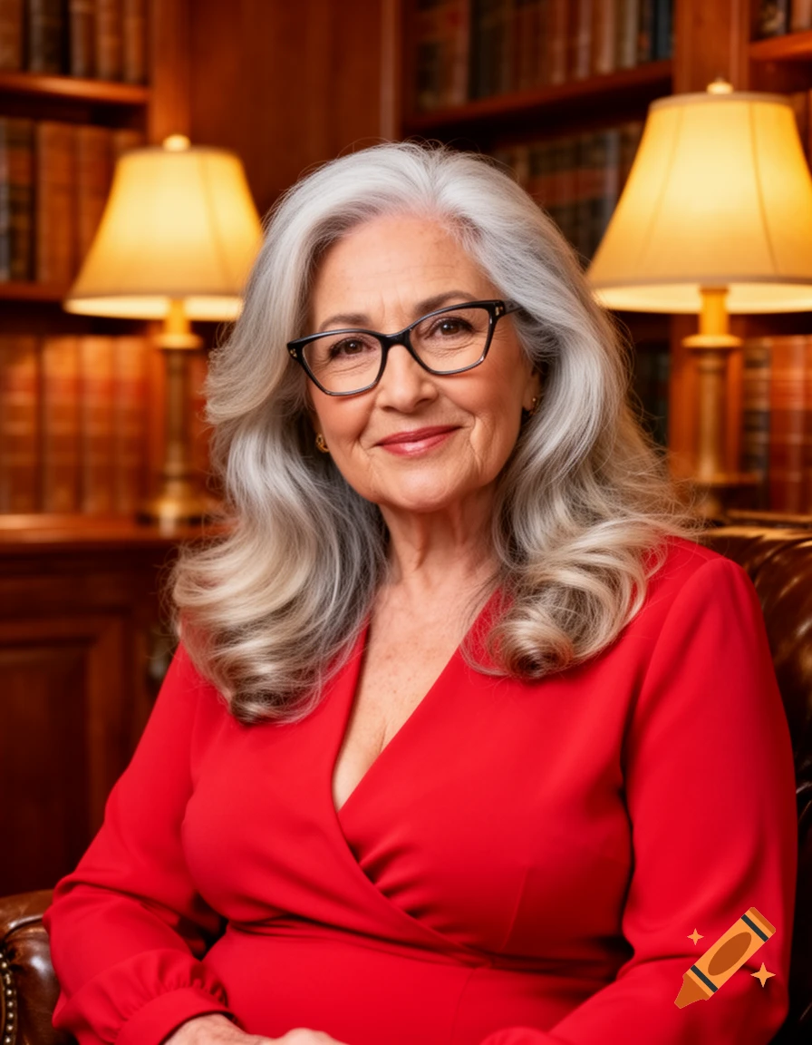 A smiling older woman with grey hair and glasses, wearing a red dress, seated in a library.