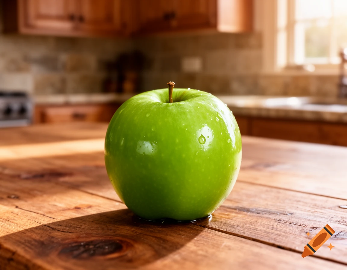 A single vibrant green apple with water droplets sits on a sunlit wooden kitchen counter, with a blurred background.