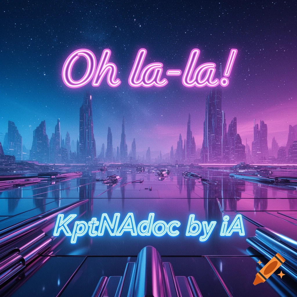 Neon sci-fi cityscape at night with glowing text 'Oh la-la!' and 'KptNAdoc by iA', reflecting a futuristic album cover.