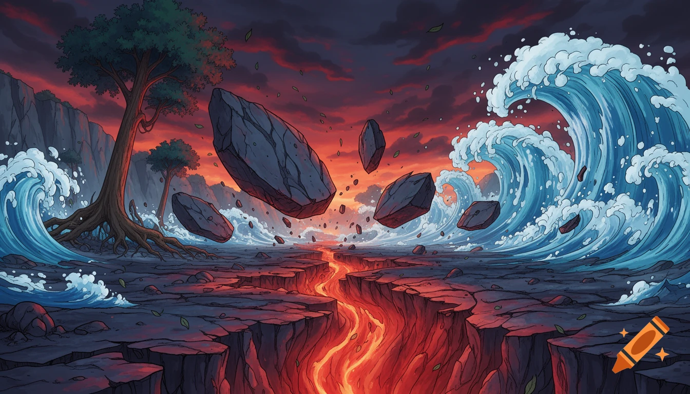 Dramatic anime scene of a world fracturing, with a lava fissure, crashing ocean waves, and floating rocks under a fiery sky.