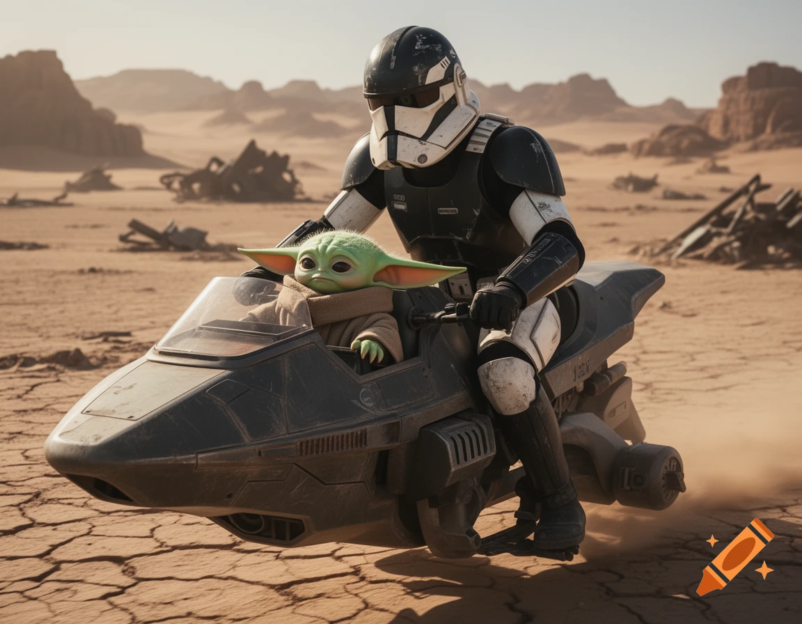 A photorealistic image of Grogu riding in the front of a speeder driven by a black and white armored Scout Trooper through a vast desert landscape.