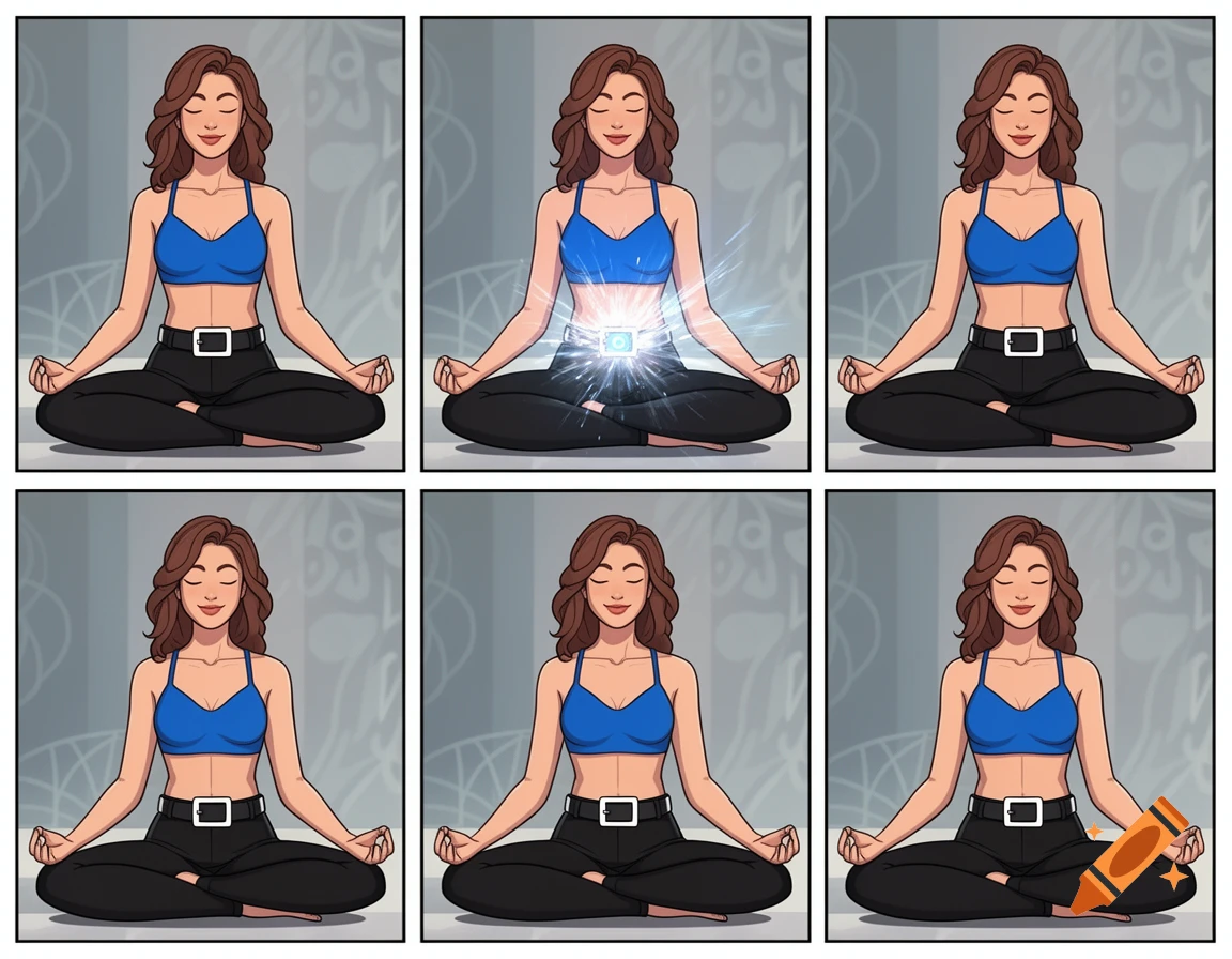 A six-panel comic strip shows a woman with brown hair in a blue sports bra and black pants meditating cross-legged. In one panel, her belt buckle glows.