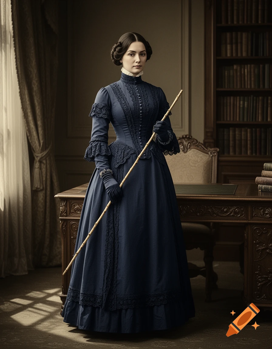 Photorealistic portrait of a stern Victorian governess in a dark blue dress, standing in a study with a birchrod.