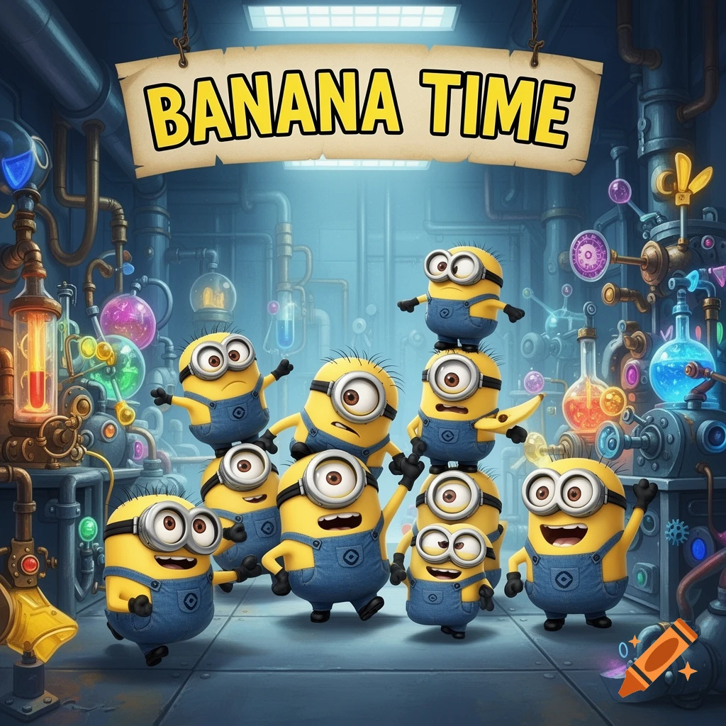 Numerous cheerful Minions in a vibrant, blue-lit laboratory setting filled with colorful beakers and machinery, under a "BANANA TIME" banner.
