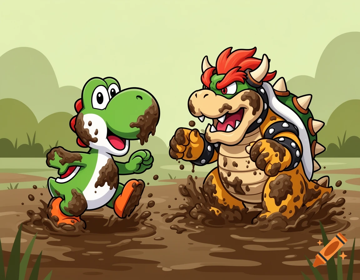 Cartoon Yoshi and Bowser, covered in thick mud, happily playing in a muddy marsh with flat colors.