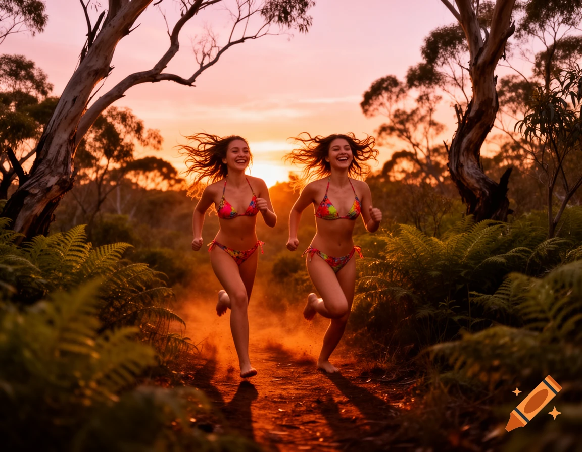 Two joyful women in colorful bikinis run barefoot through a dusty forest path at sunset.