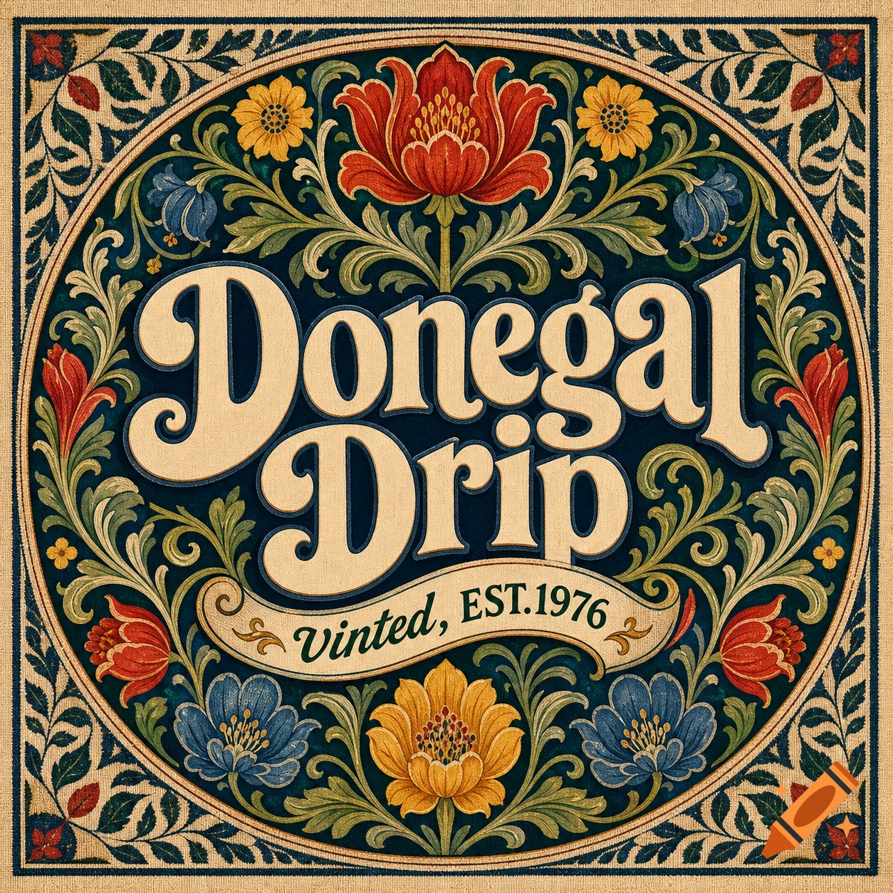 A vintage William Morris-style logo featuring ornate red, blue, and yellow flowers and green foliage around the words 'Donegal Drip' and 'Vinted, EST.1976'.