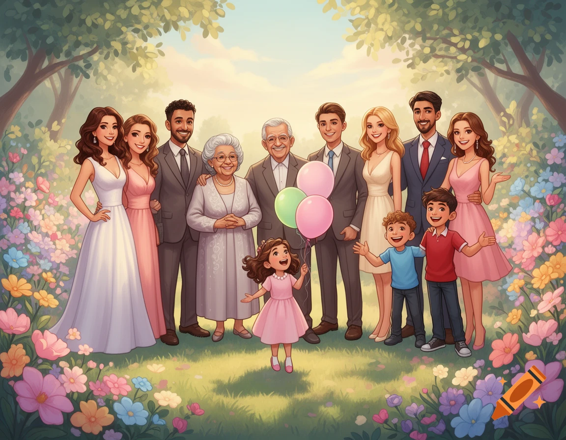 A large, diverse family including grandparents, adults, and children pose happily in a vibrant, flowery garden with trees and a bright sky in a cheerful cartoon style.