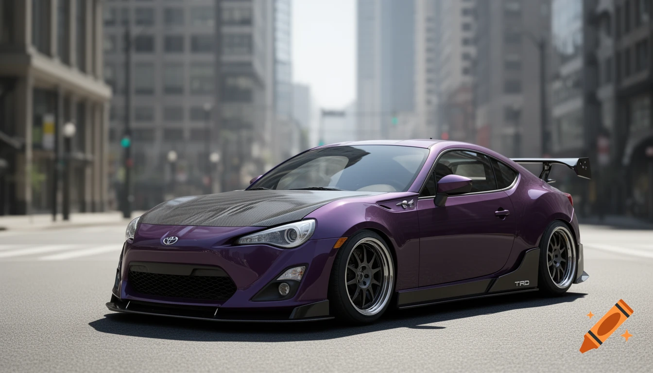 A dark purple Toyota GT86 sports car with a carbon fiber hood, large rear spoiler, and TRD side skirts, parked on a city street.