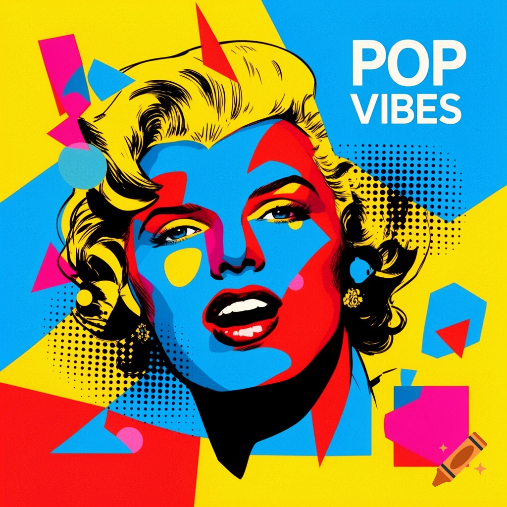 A vibrant pop art portrait of Marilyn Monroe in yellow, red, and blue with geometric shapes and halftone dots. Text reads "POP VIBES".