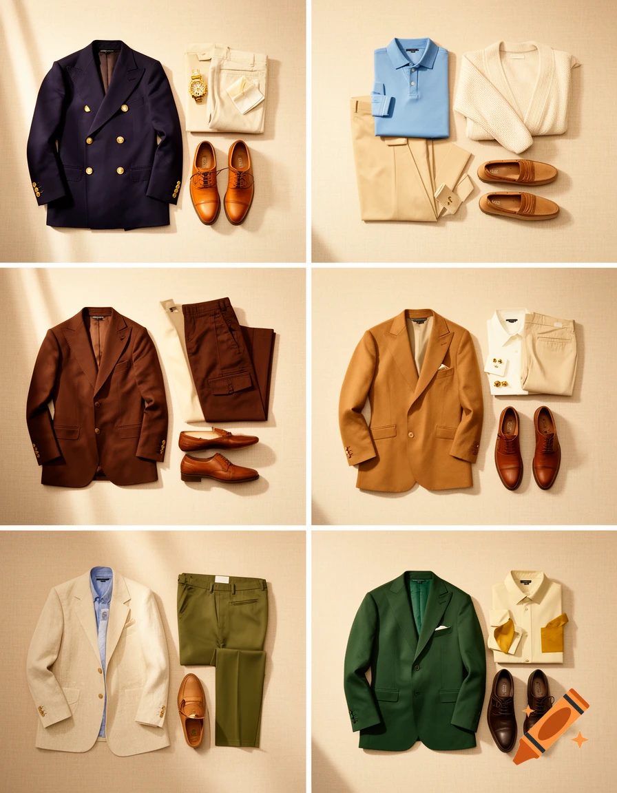 Six flat lay displays of men's fashion outfits including blazers, shirts, trousers, and shoes, arranged in a 2x3 grid on a cream background.