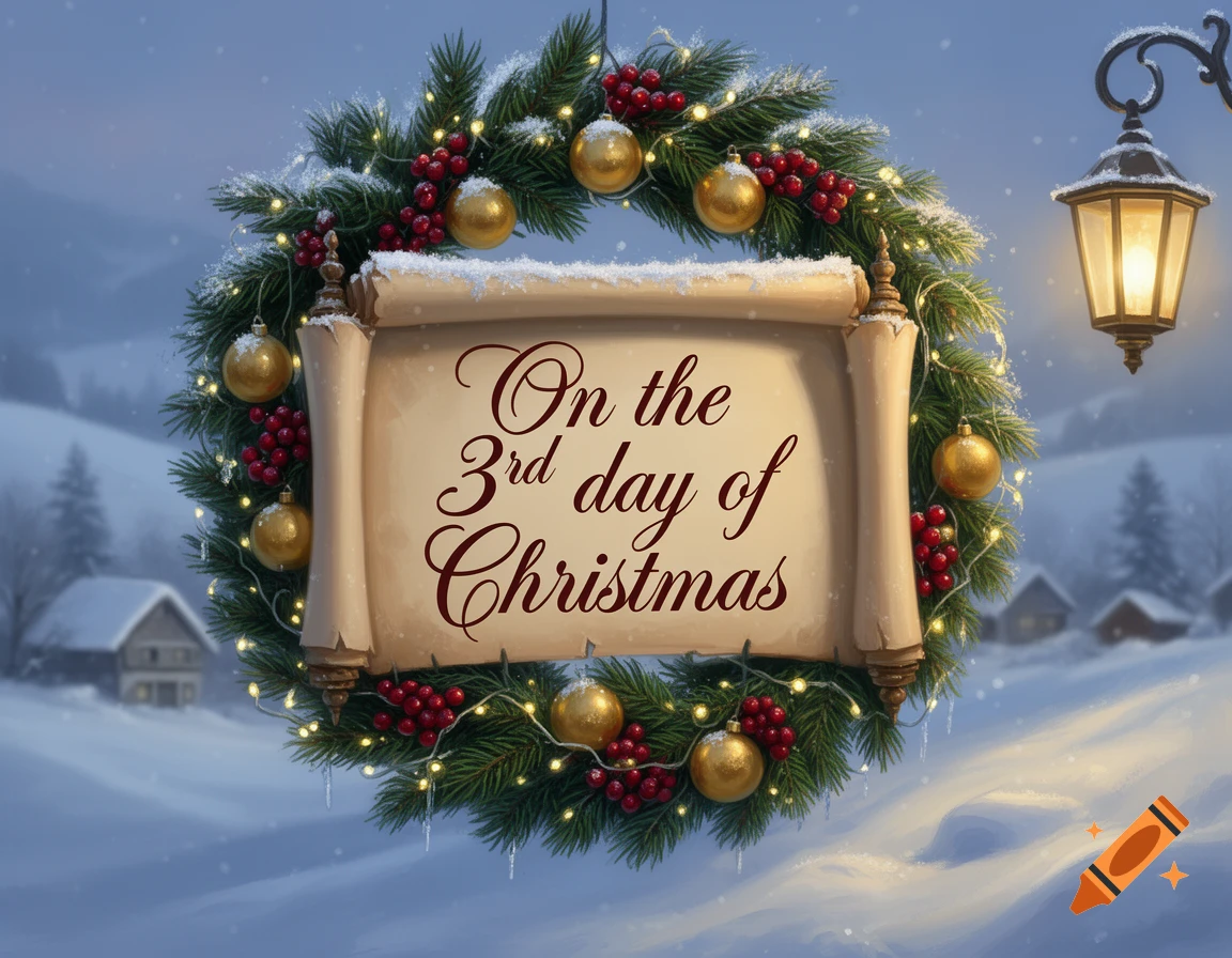 A festive Christmas wreath with a scroll saying "On the 3rd day of Christmas", surrounded by a snowy village scene and a glowing lantern.