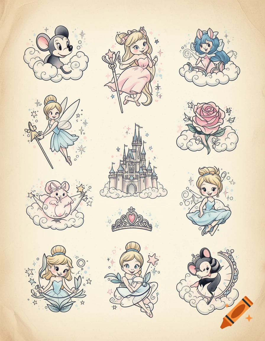 A sheet of nine fineline Disney-inspired tattoo flash designs featuring Cinderella, Tinkerbell, Mickey Mouse, Gus Gus, and a castle on a parchment background.