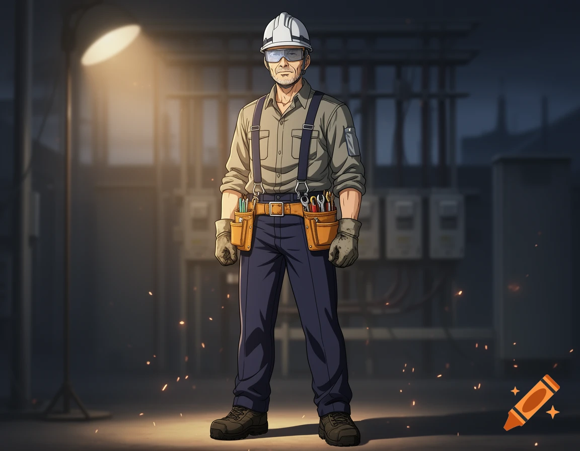 An anime style middle-aged electrician wearing a hard hat, eye protection, suspenders, and a tool pouch stands in an industrial setting.