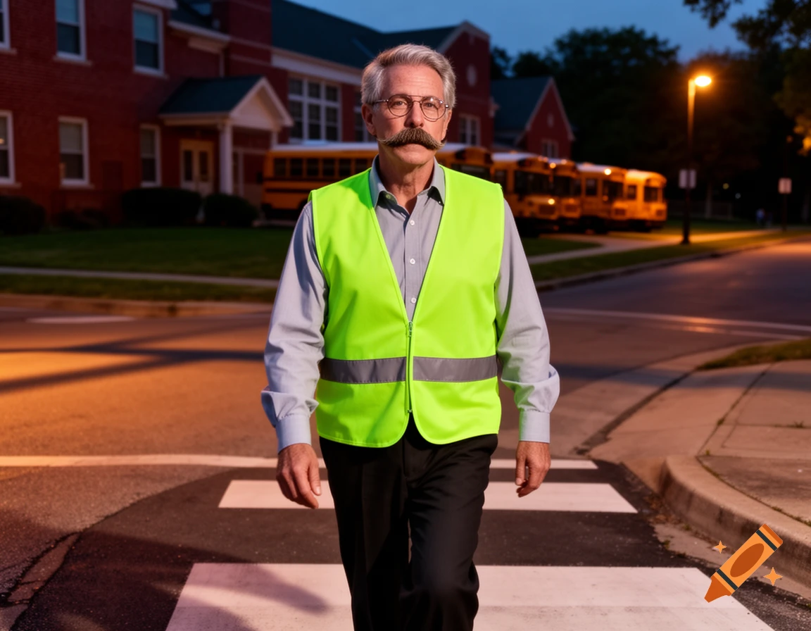 An older man with a mustache and glasses, wearing a lime green high-visibility vest, walks across a crosswalk at dusk with school buses in the background.