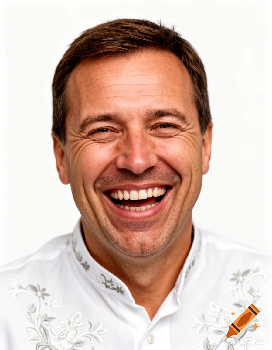 Close-up portrait of a laughing man with natural laugh lines, wearing a white traditional embroidered shirt against a white background.