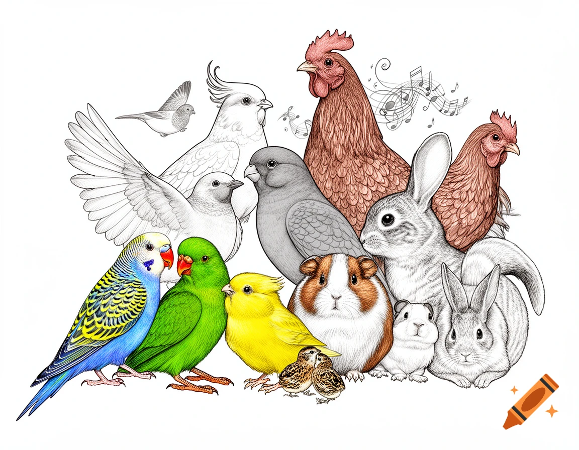 Fine-line art illustration of a group of domestic animals and birds, including a blue budgerigar, a green parrot, a yellow canary, quails, a guinea pig, rabbits, a rooster, chickens, a cockatiel, and a dove, on a white background.