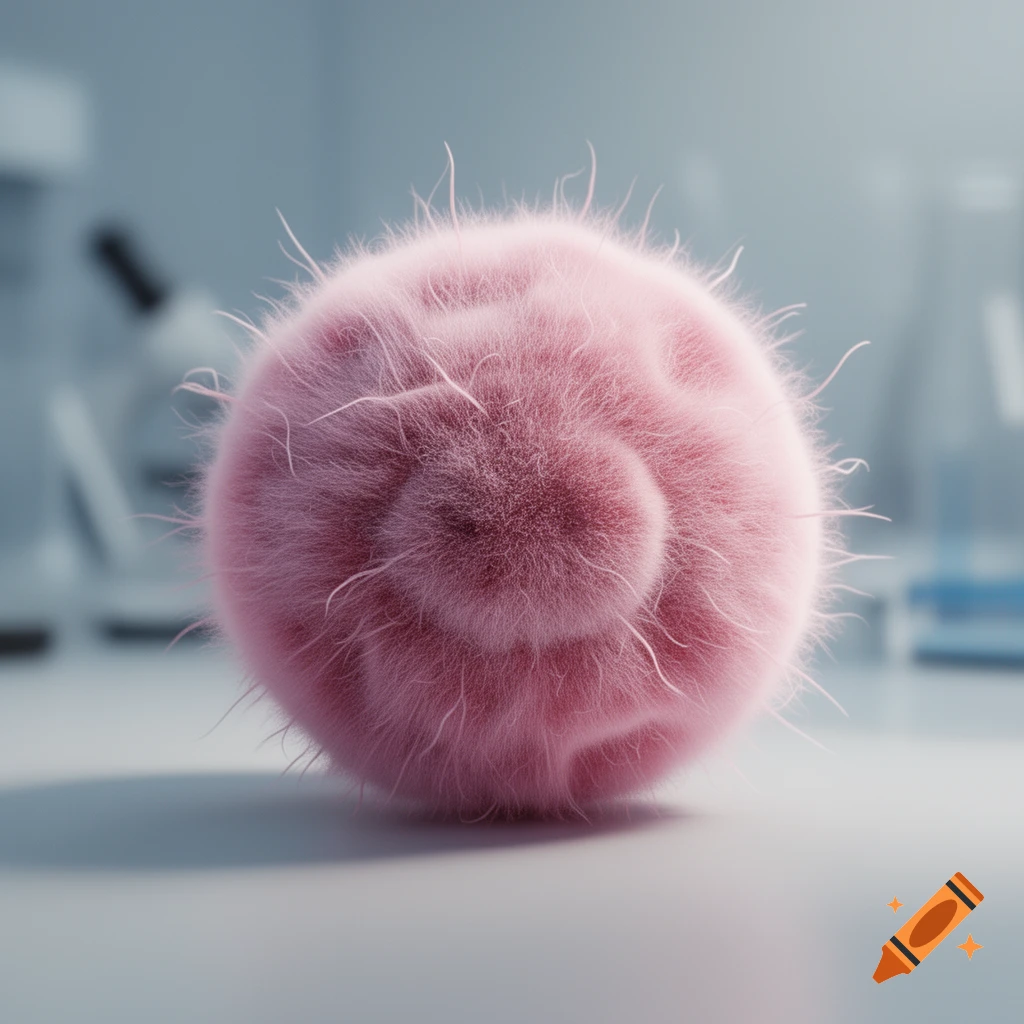 A cute, fuzzy, round pink microbe with tiny spiky hairs rests on a white lab counter in a blurred laboratory setting.