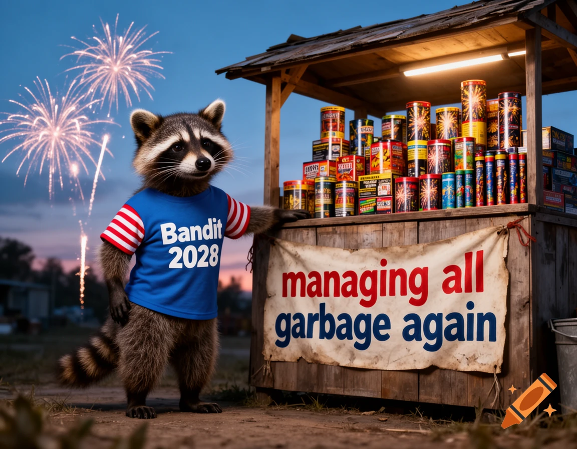 A photorealistic anthropomorphic raccoon in a blue "Bandit 2028" T-shirt stands by a fireworks stand with a "managing all garbage again" banner, fireworks exploding in the night sky.