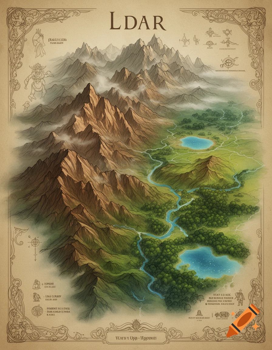 An ornate fantasy map featuring a range of rugged mountains on the left flowing into a green, forested valley with rivers and lakes on the right, all bordered by decorative scrolls.