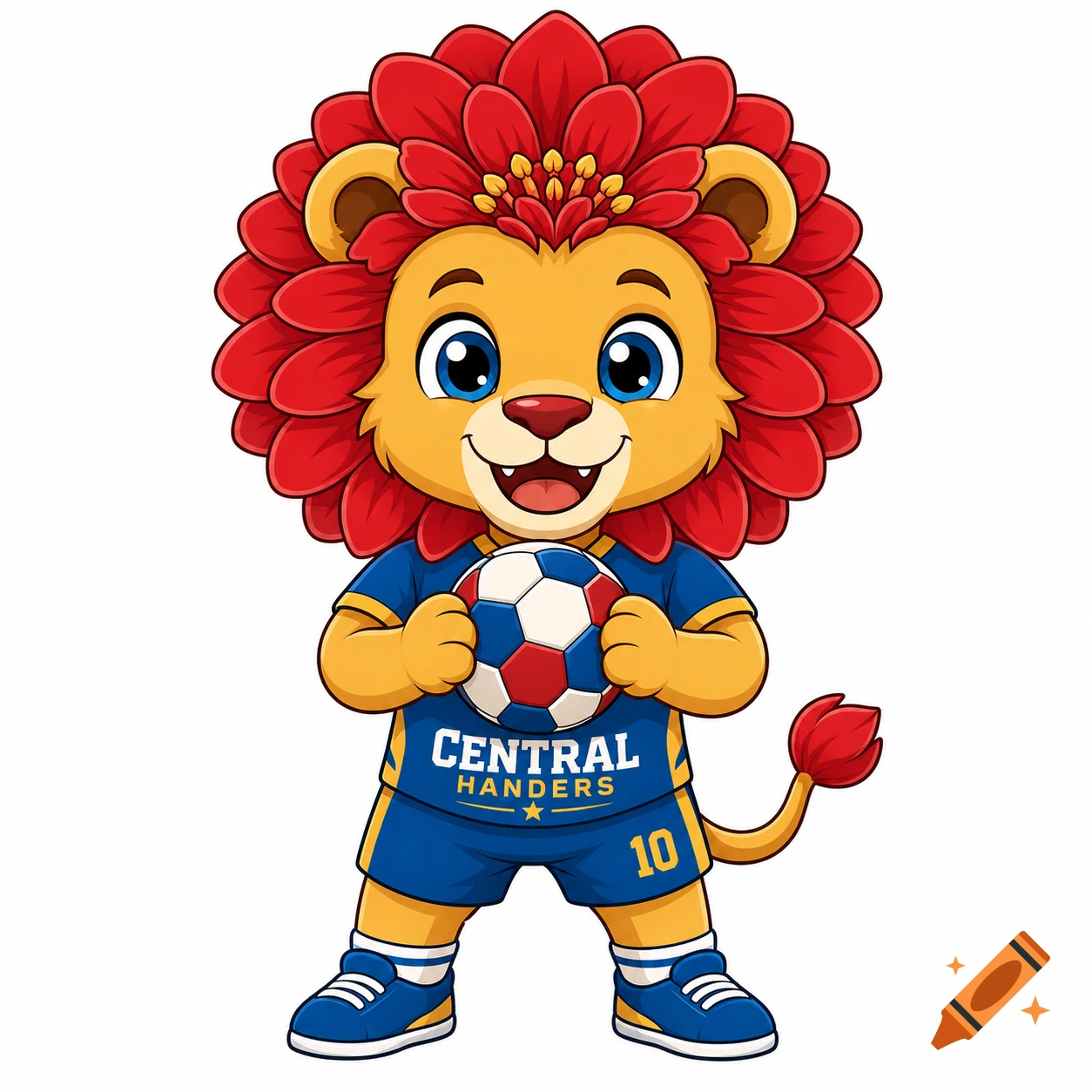 A cute cartoon lion mascot with a red flower mane, wearing a blue soccer uniform, holding a soccer ball.