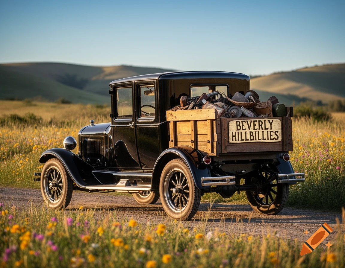 A black vintage truck with a wooden bed, labeled "BEVERLY HILLBILLIES", on a dirt road in a field of wildflowers with rolling hills in the background under a blue sky.