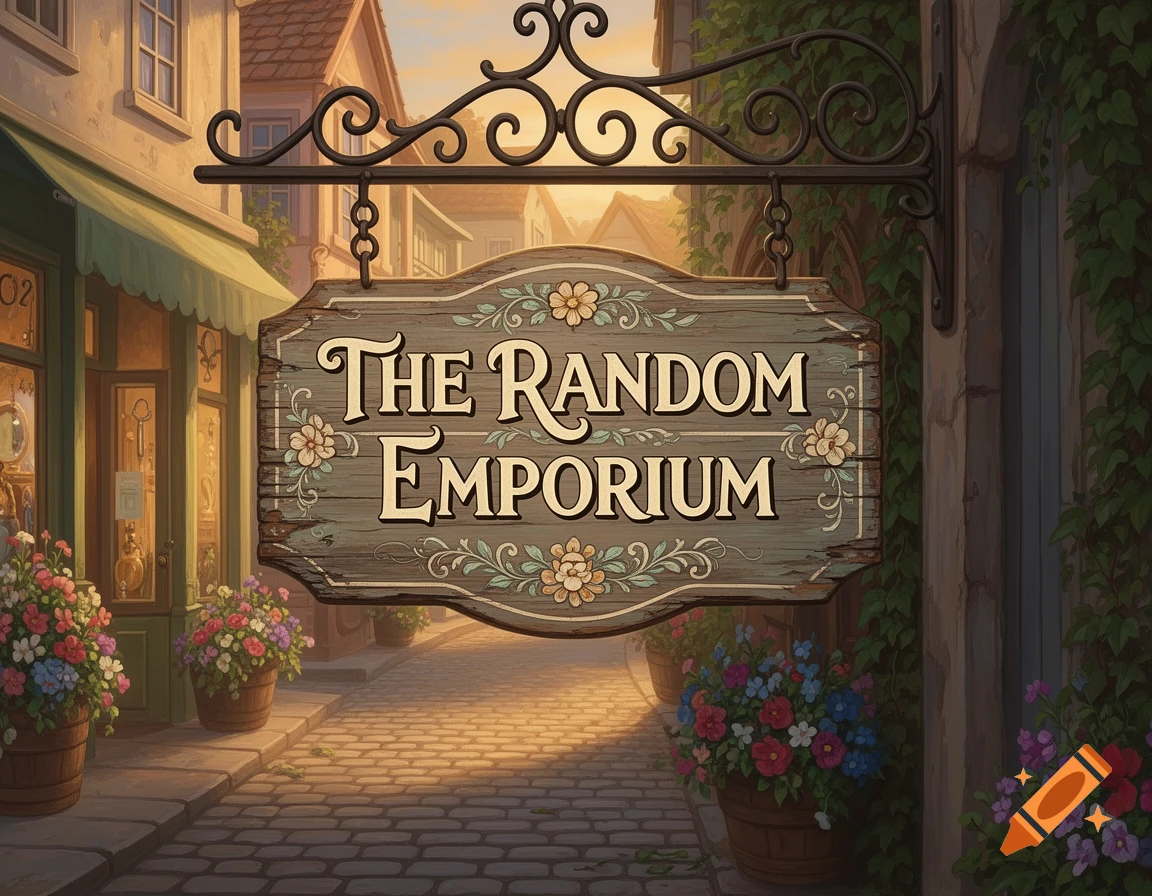 An ornate vintage wooden sign for 'The Random Emporium' hangs above a cobblestone street lined with buildings and potted flowers.