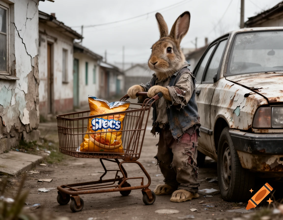 A photorealistic anthropomorphic rabbit in tattered clothes pushes a rusty shopping cart with a snack bag through a dilapidated urban street.
