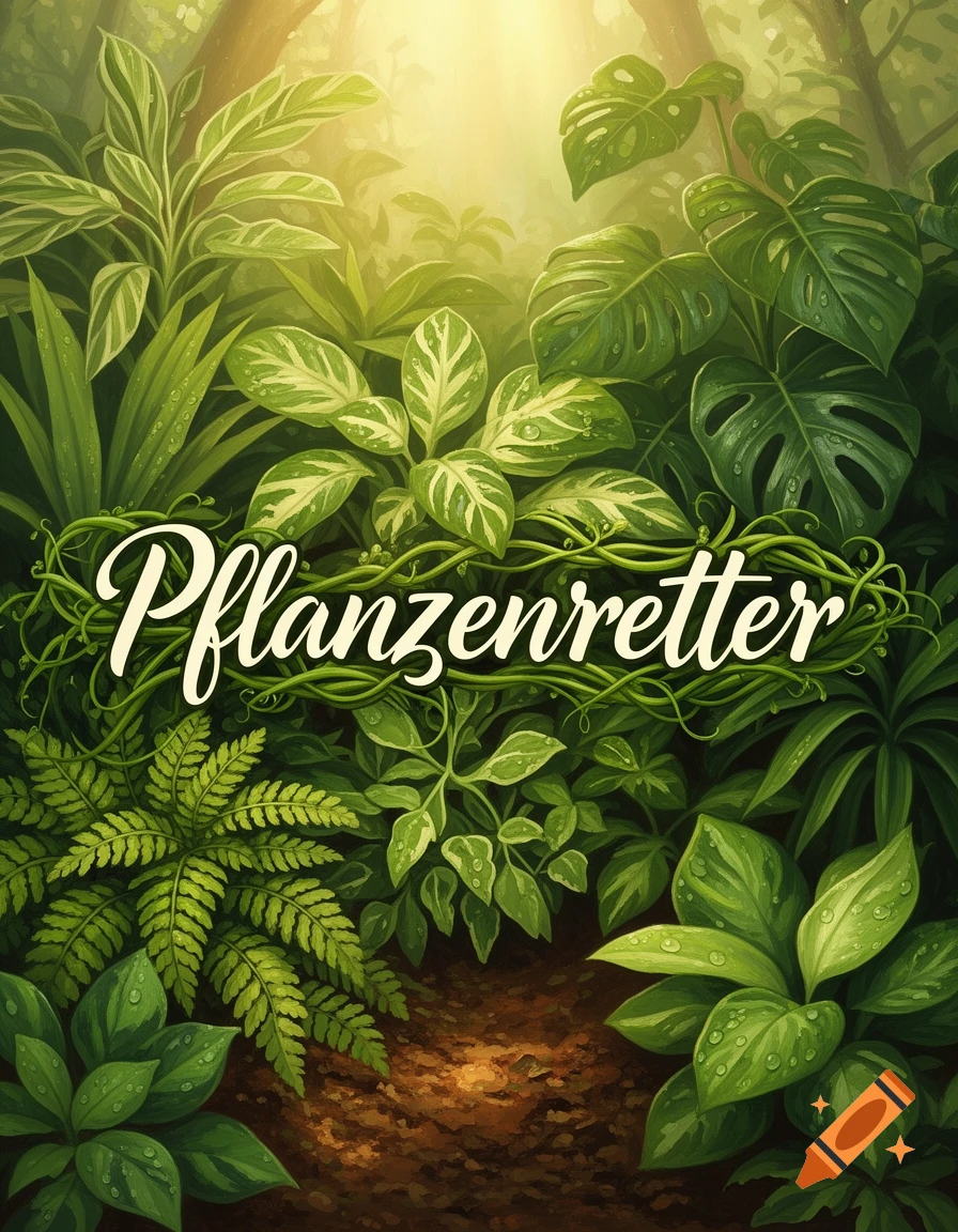 Lush green jungle scene with various plants and bright sunlight, featuring the word 'Pflanzenretter' in white script.