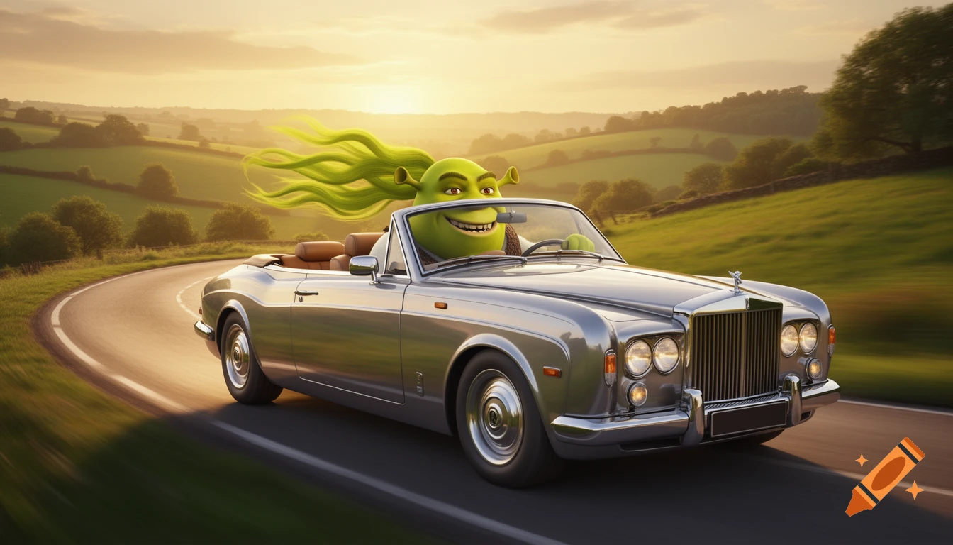 Shrek smiles while driving a luxurious silver convertible fast on a winding road through sunlit green hills.