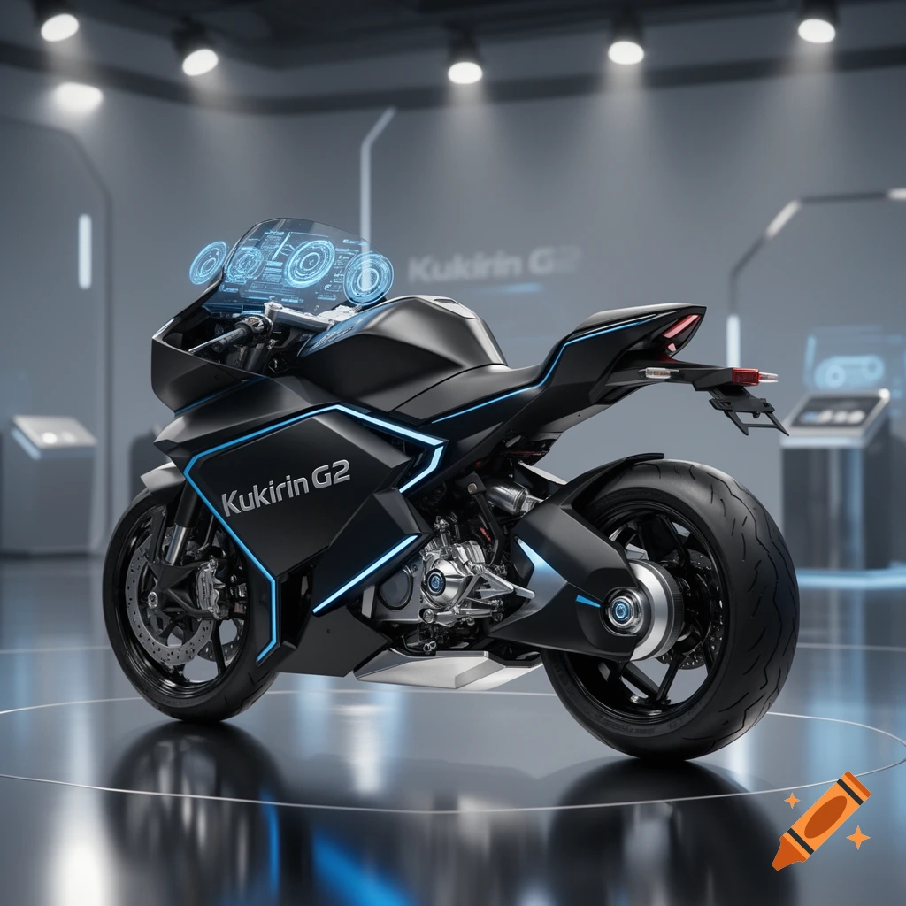 A sleek, black futuristic motorcycle with blue neon accents and a digital display, parked in a modern showroom.