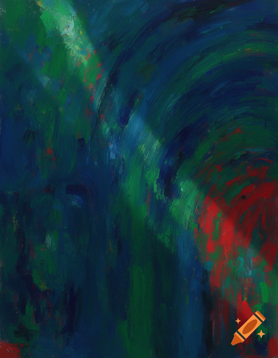 An abstract painting with broad, expressive brushstrokes in dark blues, greens, and vibrant reds.