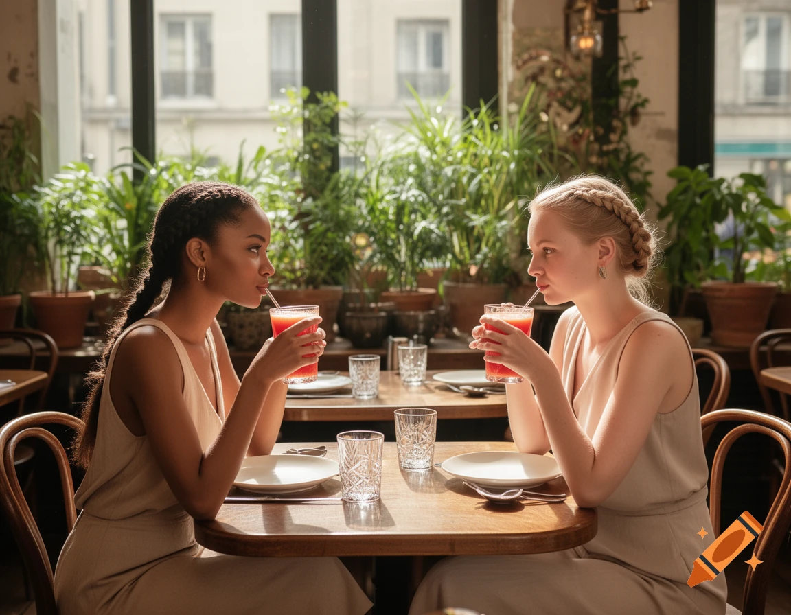 Two young women with braided hair sit at a table in a bright cafe, drinking red beverages with straws.