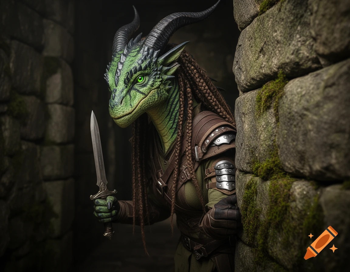 Photorealistic image of a green-scaled Dragonborn in a fantasy rogue outfit, holding a dagger while peeking around a mossy stone corner.