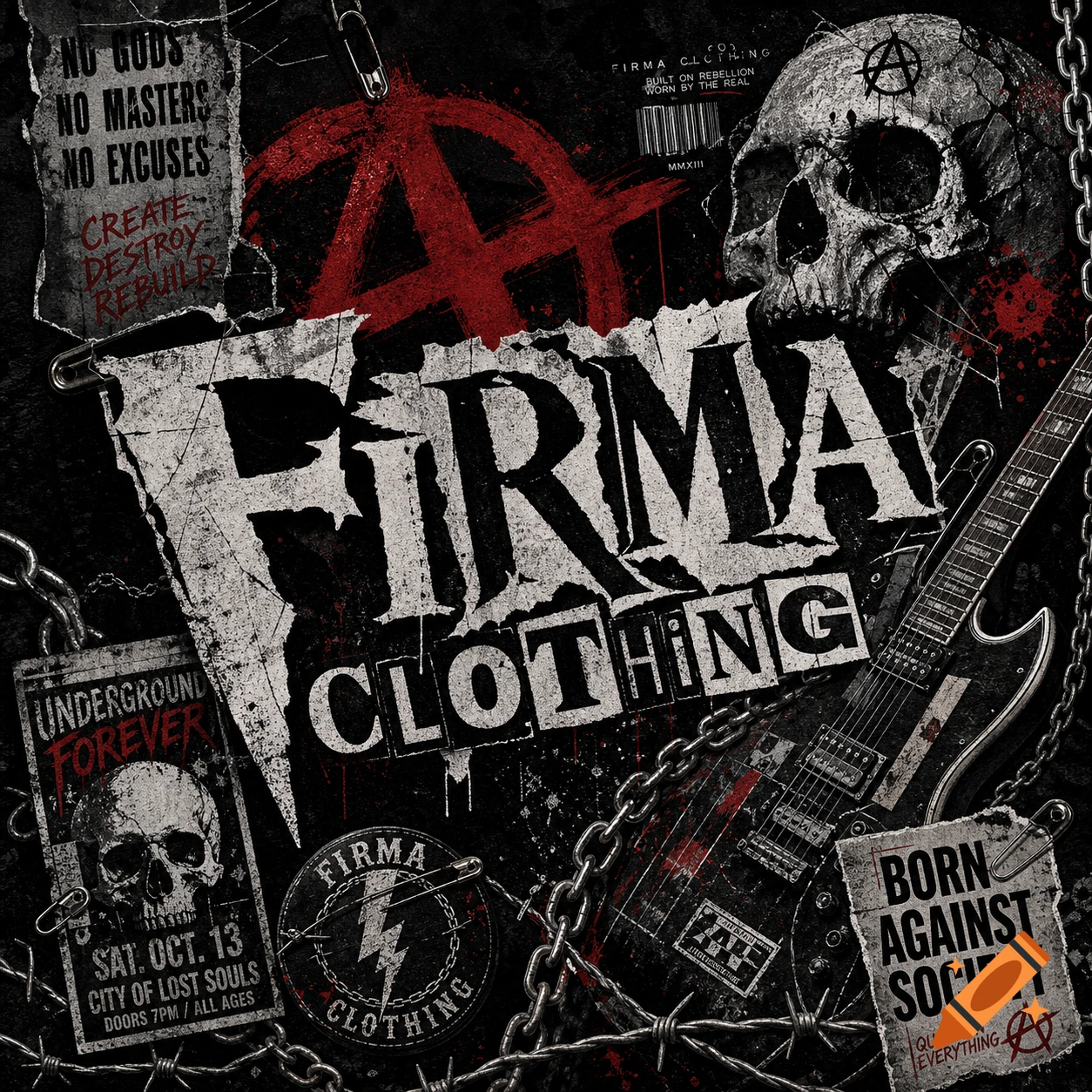 A dark, distressed collage of punk rock and hardcore streetwear branding elements, featuring skulls, barbed wire, chains, and stylized text like "Firma Clothing" and "No Gods No Masters."
