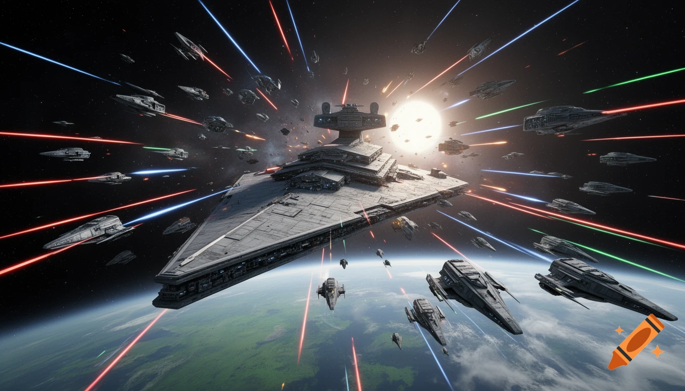 A massive Star Destroyer leads a fleet of spaceships in a laser battle over a green-blue planet under a bright sun.