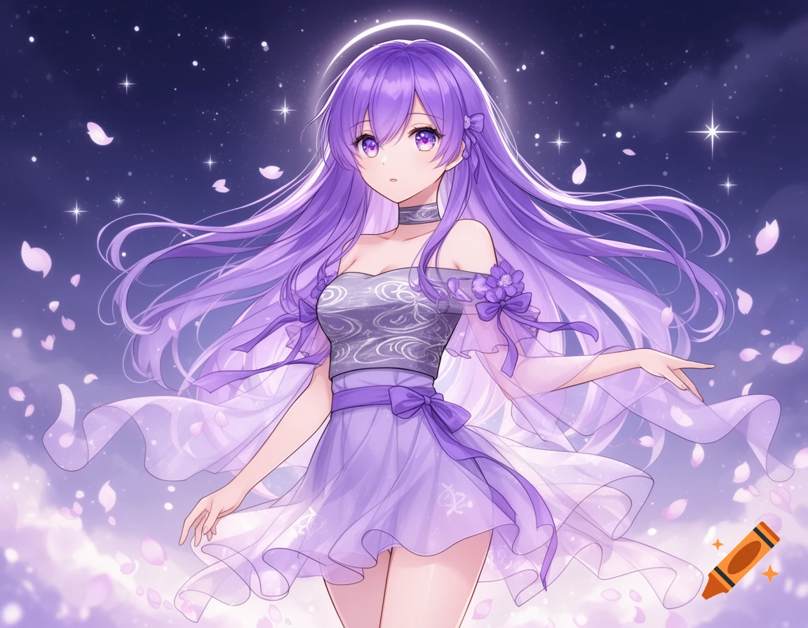 Anime girl with long purple hair and eyes in a flowing purple dress ...