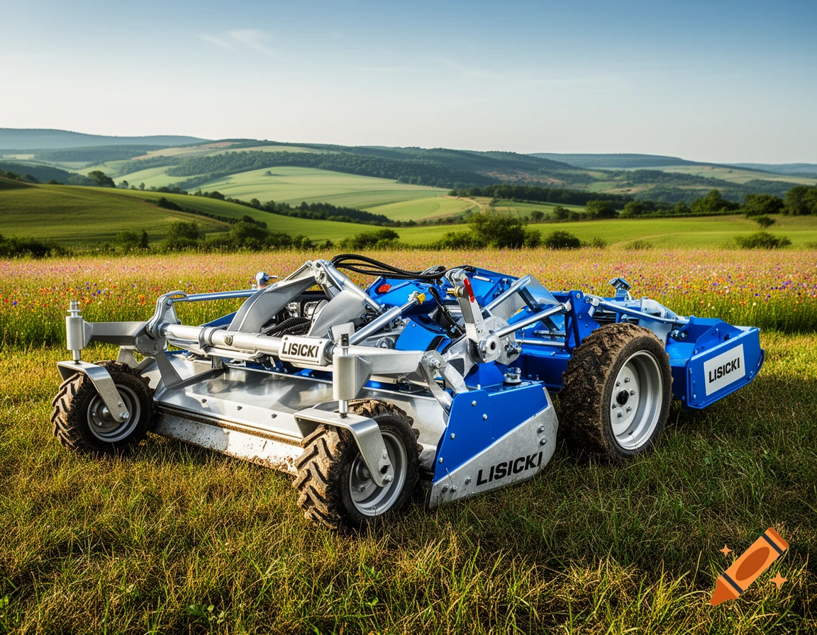 A blue and silver agricultural mower sits in a vibrant green field with wildflowers, under a clear sky with rolling hills in the background.