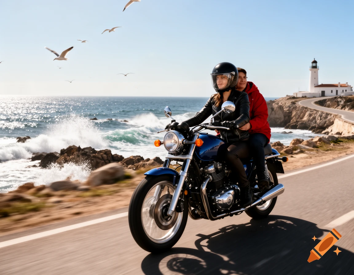 A couple rides a blue motorcycle on a coastal road with a lighthouse and seagulls flying over crashing waves.