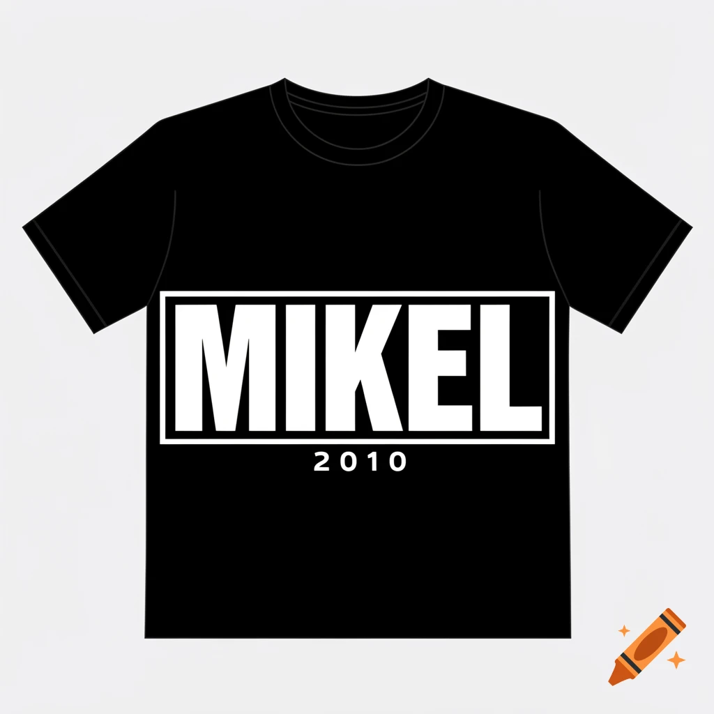Minimalist black t-shirt with 'MIKEL' in a white box and '2010' below, on a light gray background.