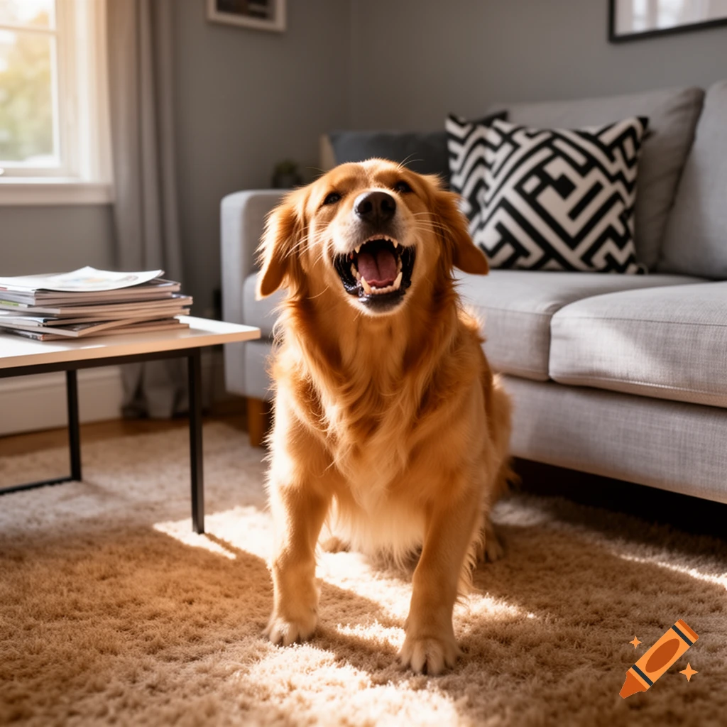 A photorealistic Golden Retriever sits on a rug in a sunny living room, mouth open as if laughing. A sofa and magazines are in the background.