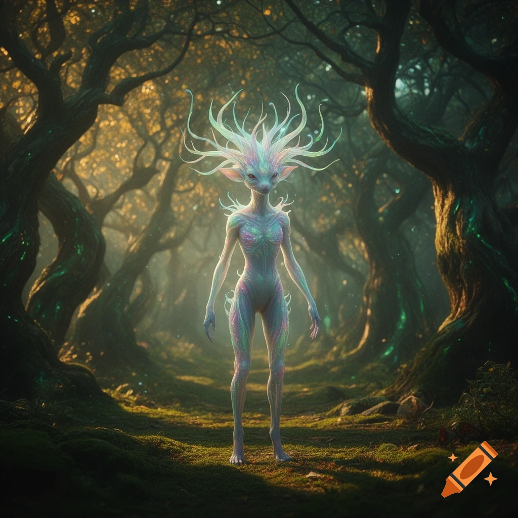 A humanoid alien creature with glowing, ethereal skin and a crown of tendrils stands in a mystical, moss-covered forest.