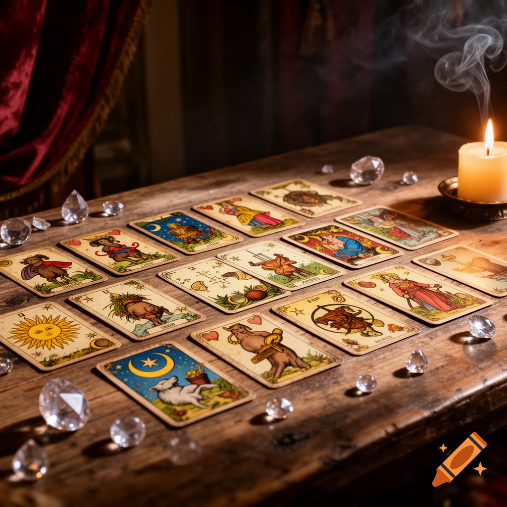 Tarot cards, clear crystals, and a lit candle arranged on a dark wooden table with a red curtain in the background.