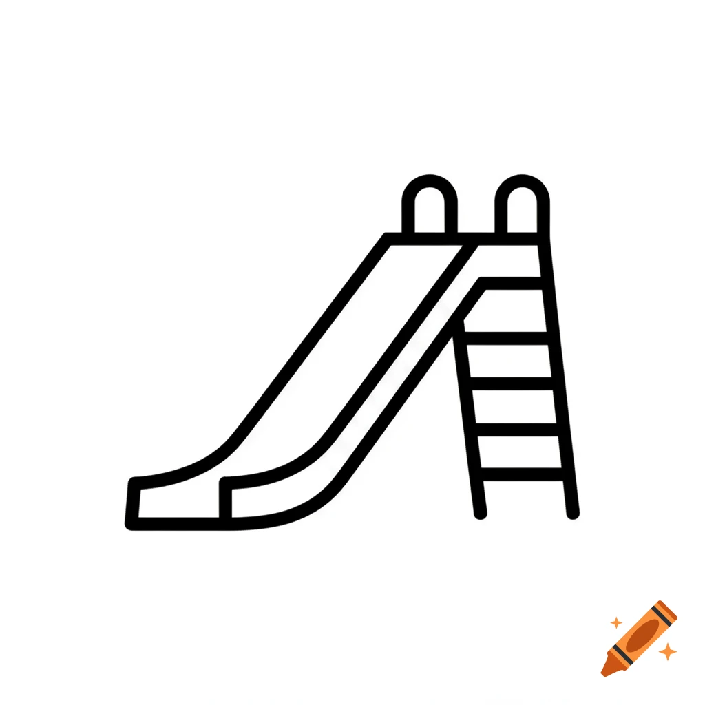 Minimalist black and white line art icon of a children's playground slide with thick outlines.