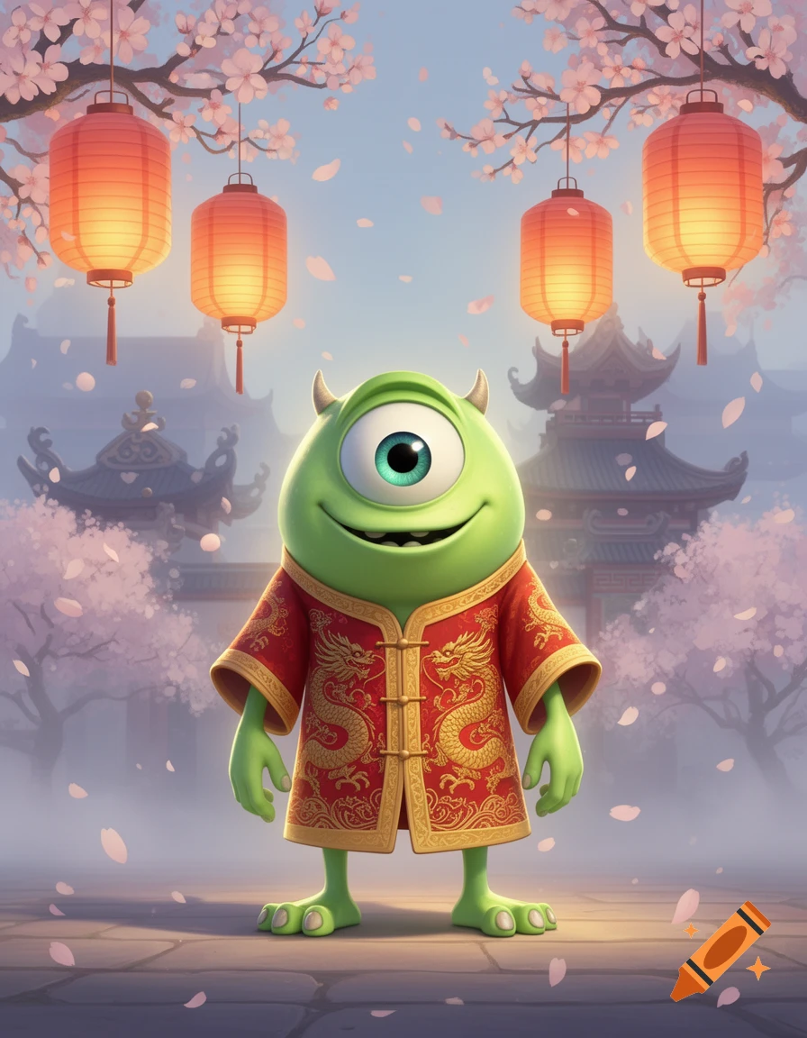 Mike Wazowski in a red and gold traditional Chinese dragon robe stands under cherry blossoms and lanterns with pagodas in the background.