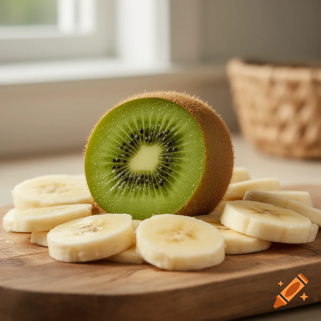 A sliced kiwi and banana slices arranged on a wooden cutting board.