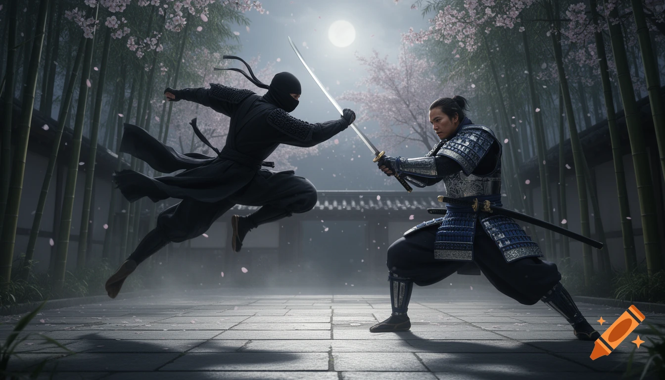 A ninja leaps to attack a samurai in ornate armor, both wielding katanas under a full moon amidst bamboo and cherry blossoms.