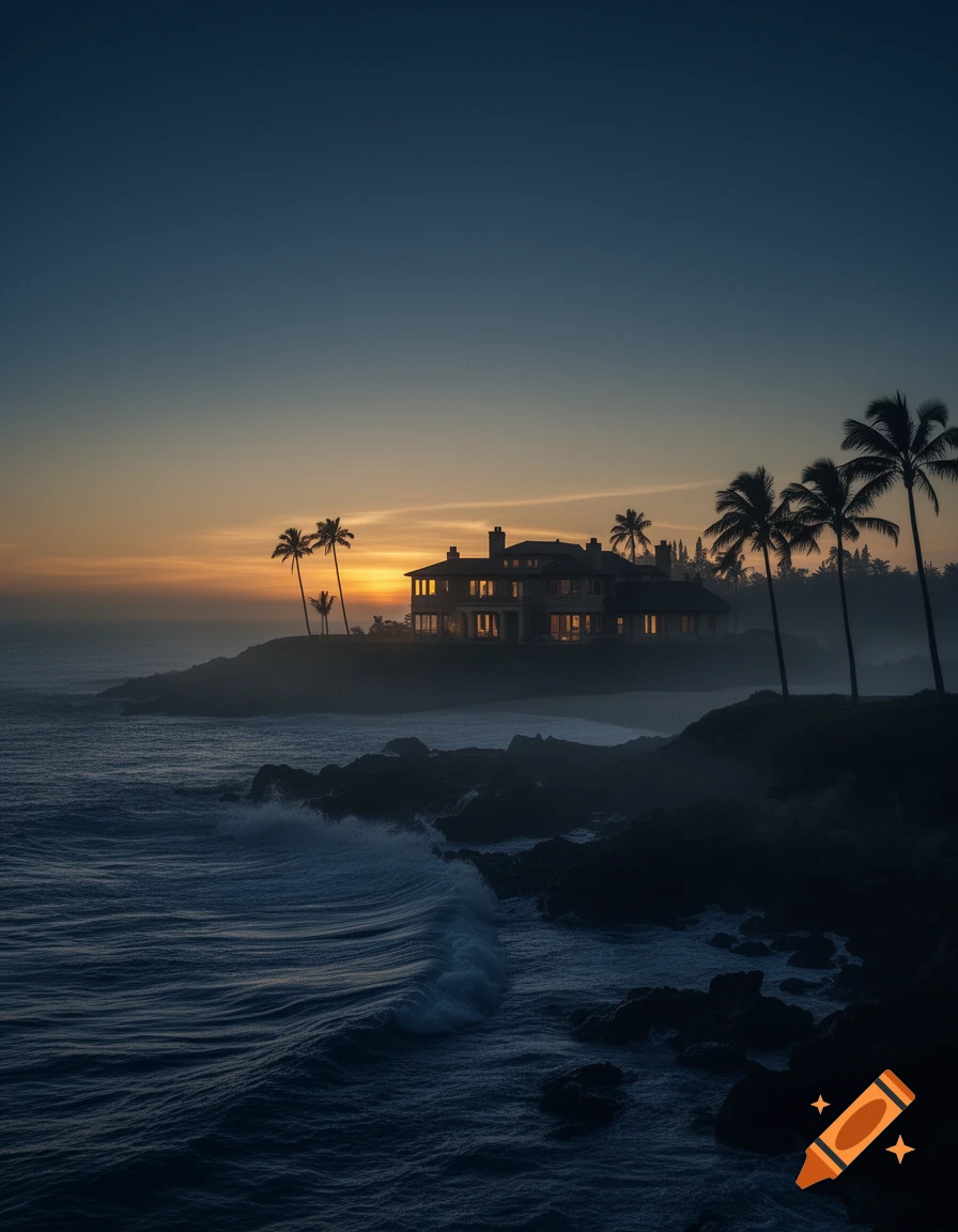 A large mansion on a rocky coastline at dramatic sunset, with crashing ocean waves and silhouetted palm trees under a dark blue sky.
