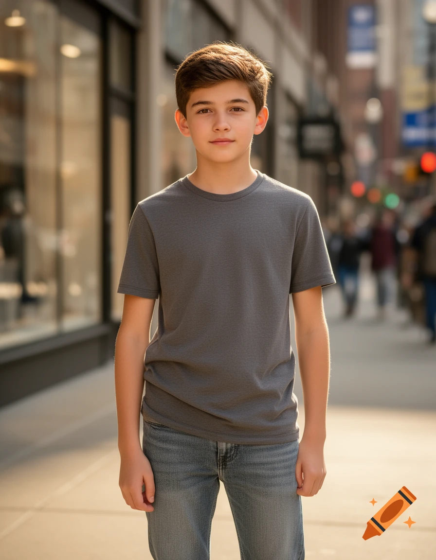 Photorealistic portrait of a young boy with short brown hair and brown eyes, standing on a city sidewalk.